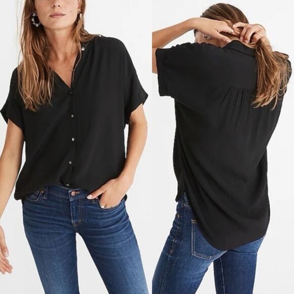 Madewell Central Drapey Shirt Sz XS Black Oversized Button Down Short Slv Top - Picture 1 of 5